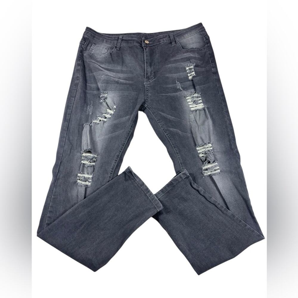 Hungson Ripped Jeans Gray Faded Men's 36 Stretch Destroyed Denim Skinny Street